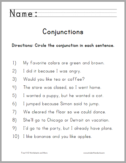 Circle the Conjunctions Worksheet | Student Handouts