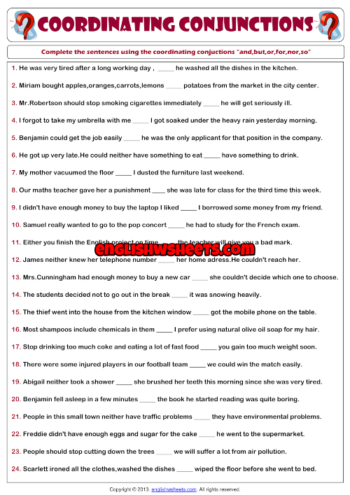 Coordinating Conjunctions ESL Printable Grammar Worksheet