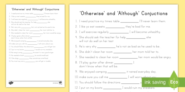 Although and Otherwise Conjunctions Worksheet / Worksheet