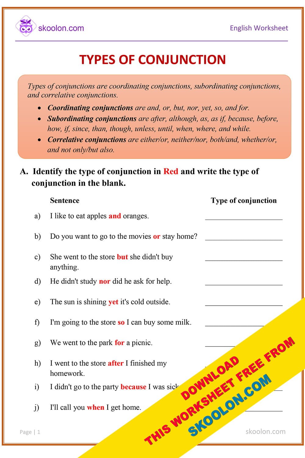 Conjunctions worksheet 4 skoolon com Worksheets Library