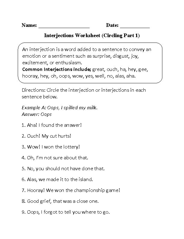 Interjections Worksheet Circling | Interjections, Complex ...