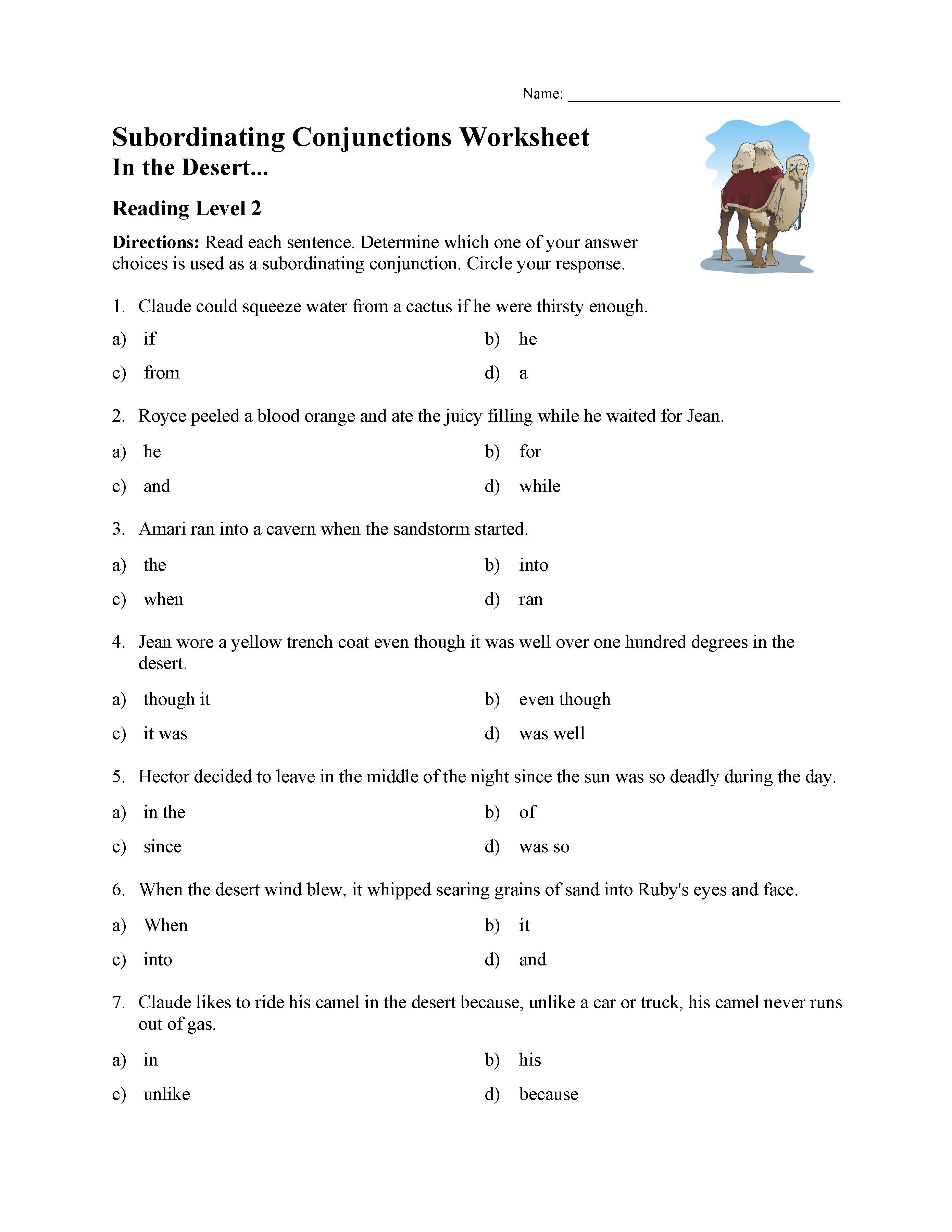 Subordinating Conjunctions Worksheet - Reading Level 2 | Preview
