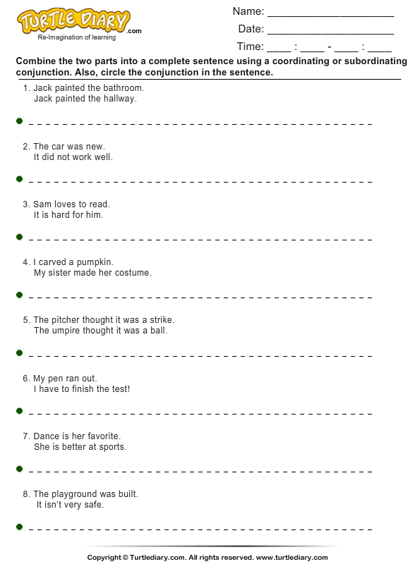 Combining Sentences with Conjunctions | Turtle Diary Worksheet