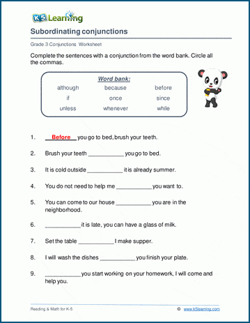 Subordinating Conjunctions | Worsheets library