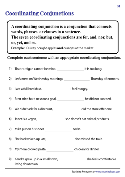 Coordinating Conjunctions Worksheets