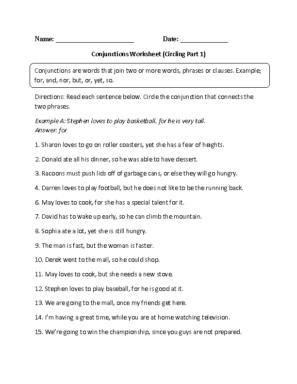 Conjunctions Worksheets | Conjunctions Circling Worksheet