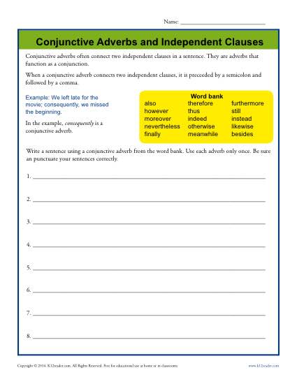 conjunctive adverb worksheet