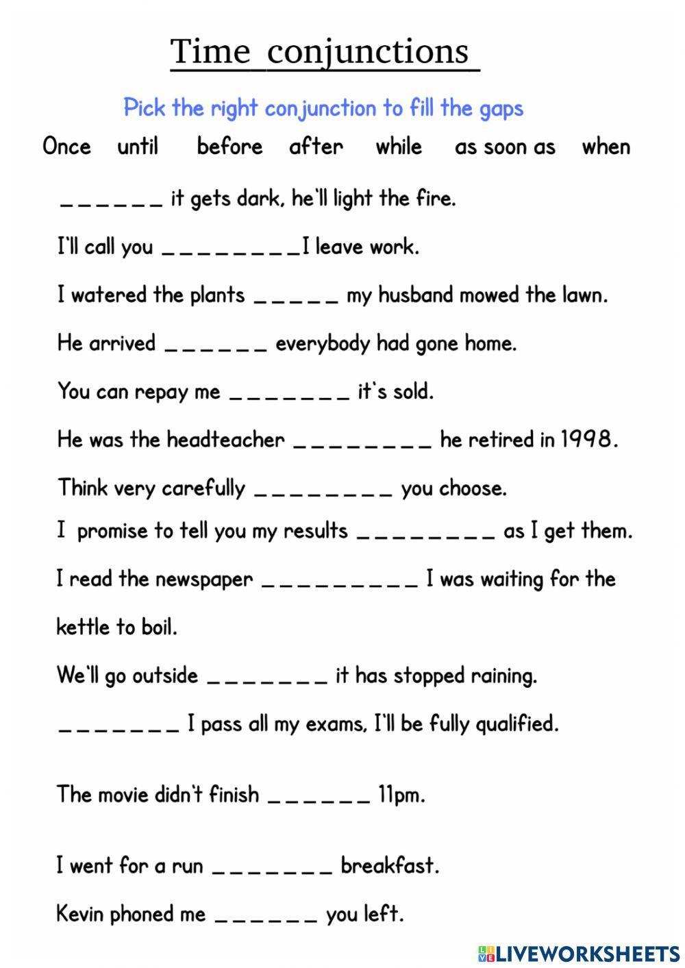 Time Conjunctions interactive worksheet  