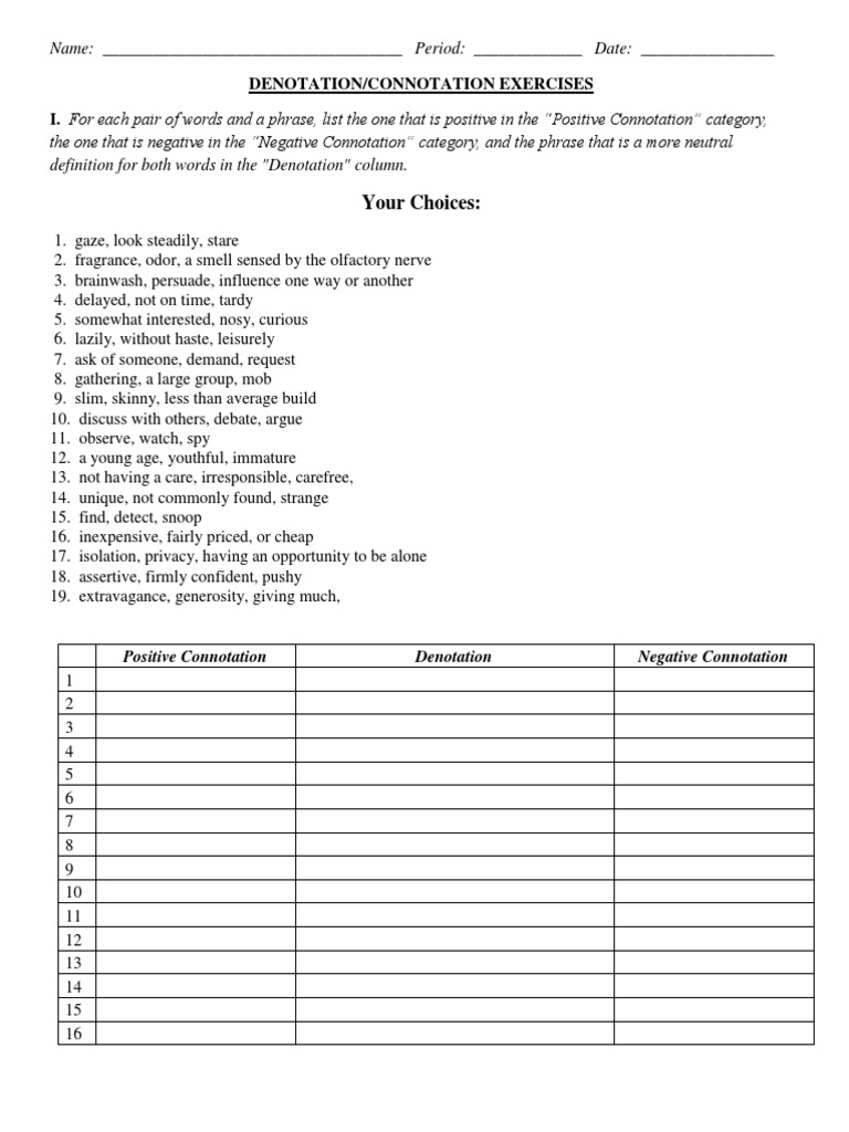 Connotation Denotation Worksheet | PDF | Odor | Cognitive Science