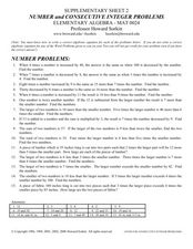 Number and Consecutive Integer Problems Worksheet for 9th - 12th ...