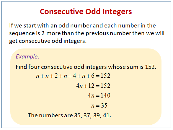 Consecutive Odd Integer Problems (solutions, examples, videos)