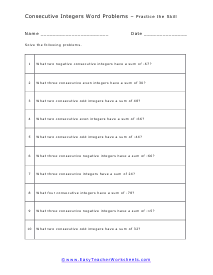 Consecutive Integers Word Problems Worksheets