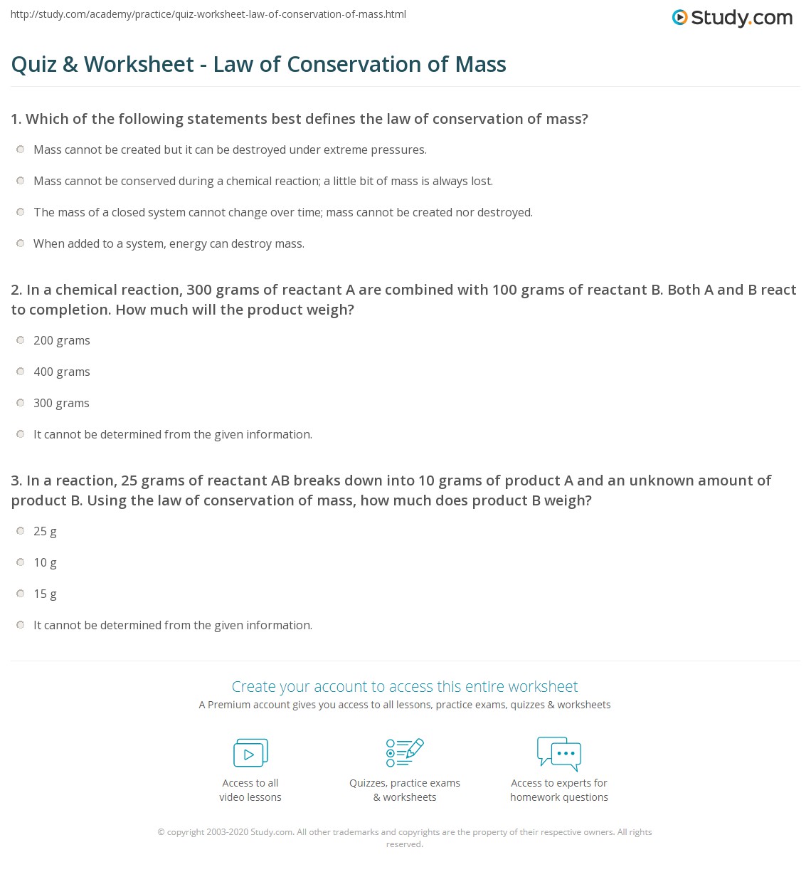 Quiz & Worksheet - Law of Conservation of Mass | Study.com - Worksheets
