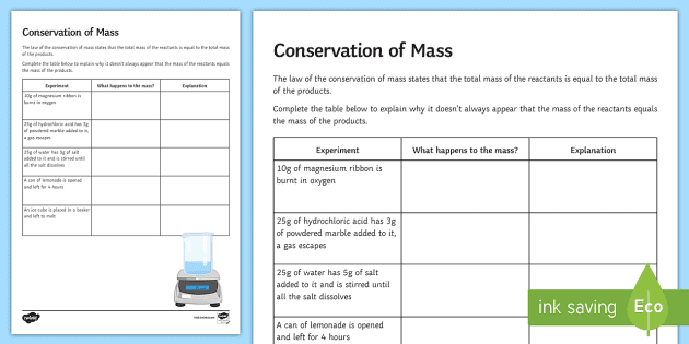 conservation of mass worksheet answers