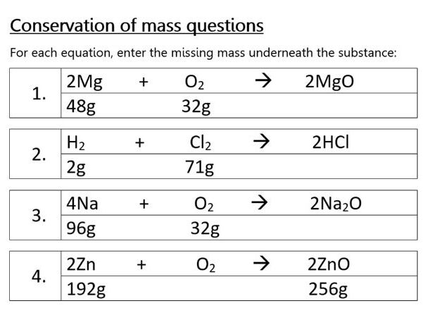 conservation of mass worksheet answers