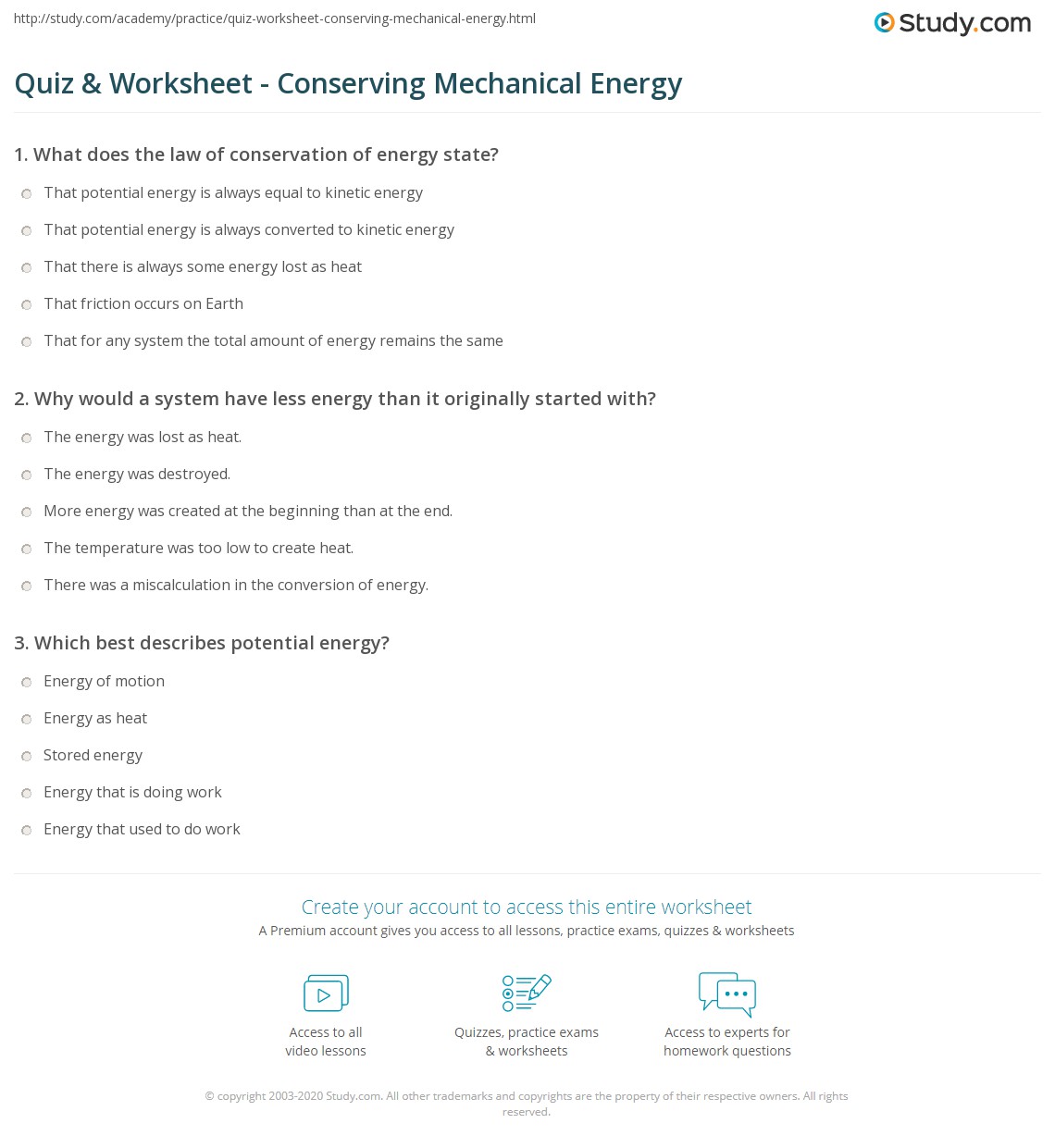 conservation of mechanical energy worksheet