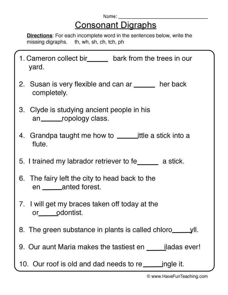 Consonant Digraphs Worksheet