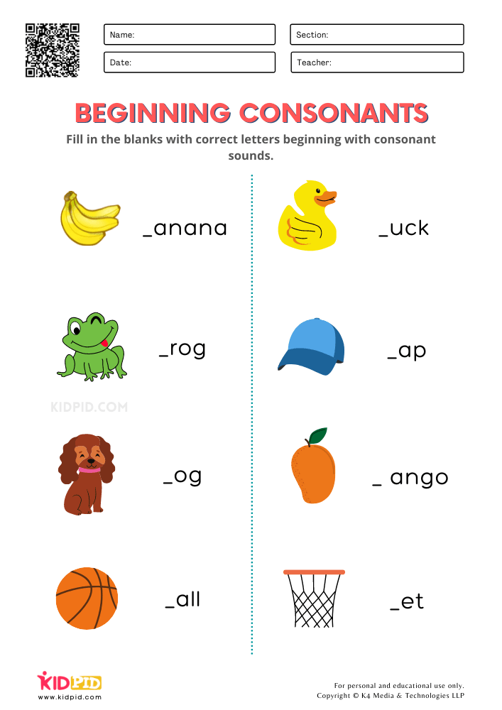 Beginning Consonants Free Printable Worksheets for Kindergarten ...