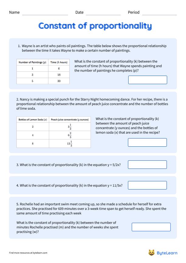 constant of proportionality worksheet