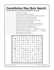 Constitution Day Quiz Search Worksheet for 5th - 6th Grade ...