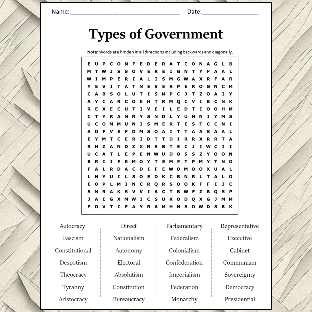 Types Of Government Word Search Puzzle Worksheet Activity PDF Types Of Government Word Search Puzzle Worksheet Activity PDF