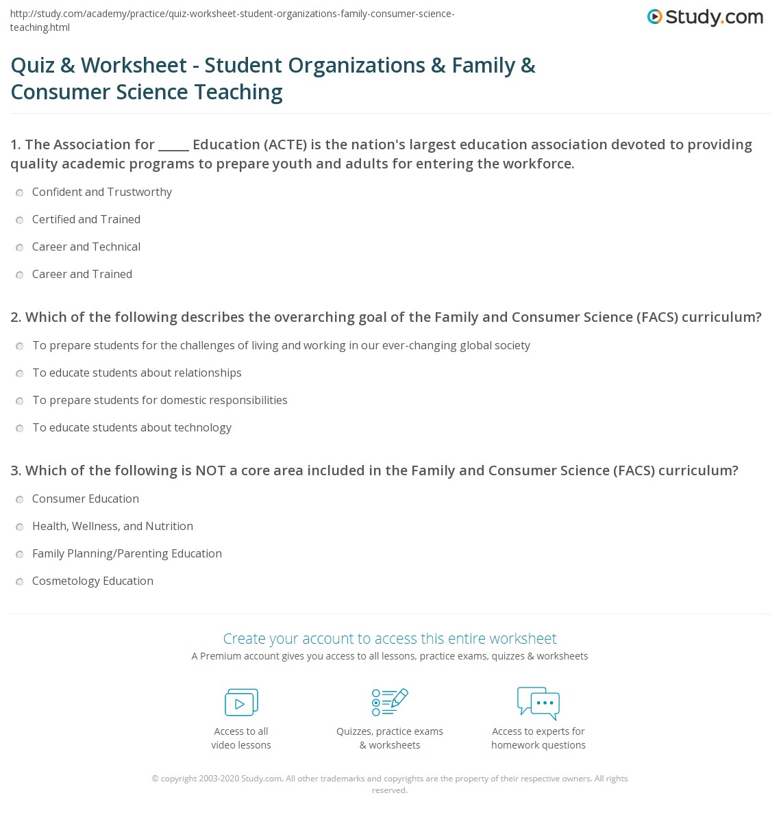 Quiz &  Worksheet - Student Organizations &  Family &  Consumer ...