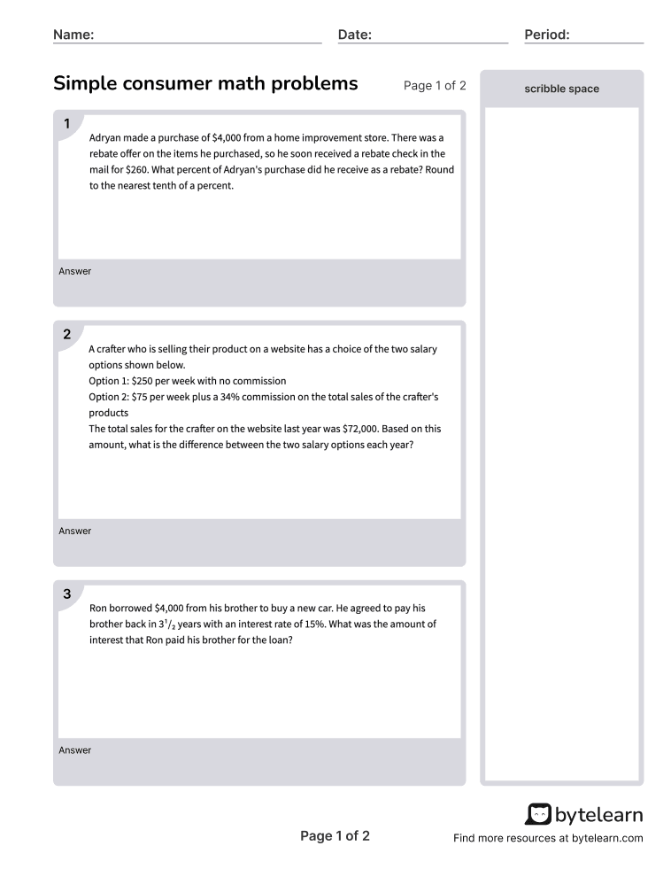 Consumer Math Problems (Level 2 Word Problems) Worksheets [PDF] (7 ...