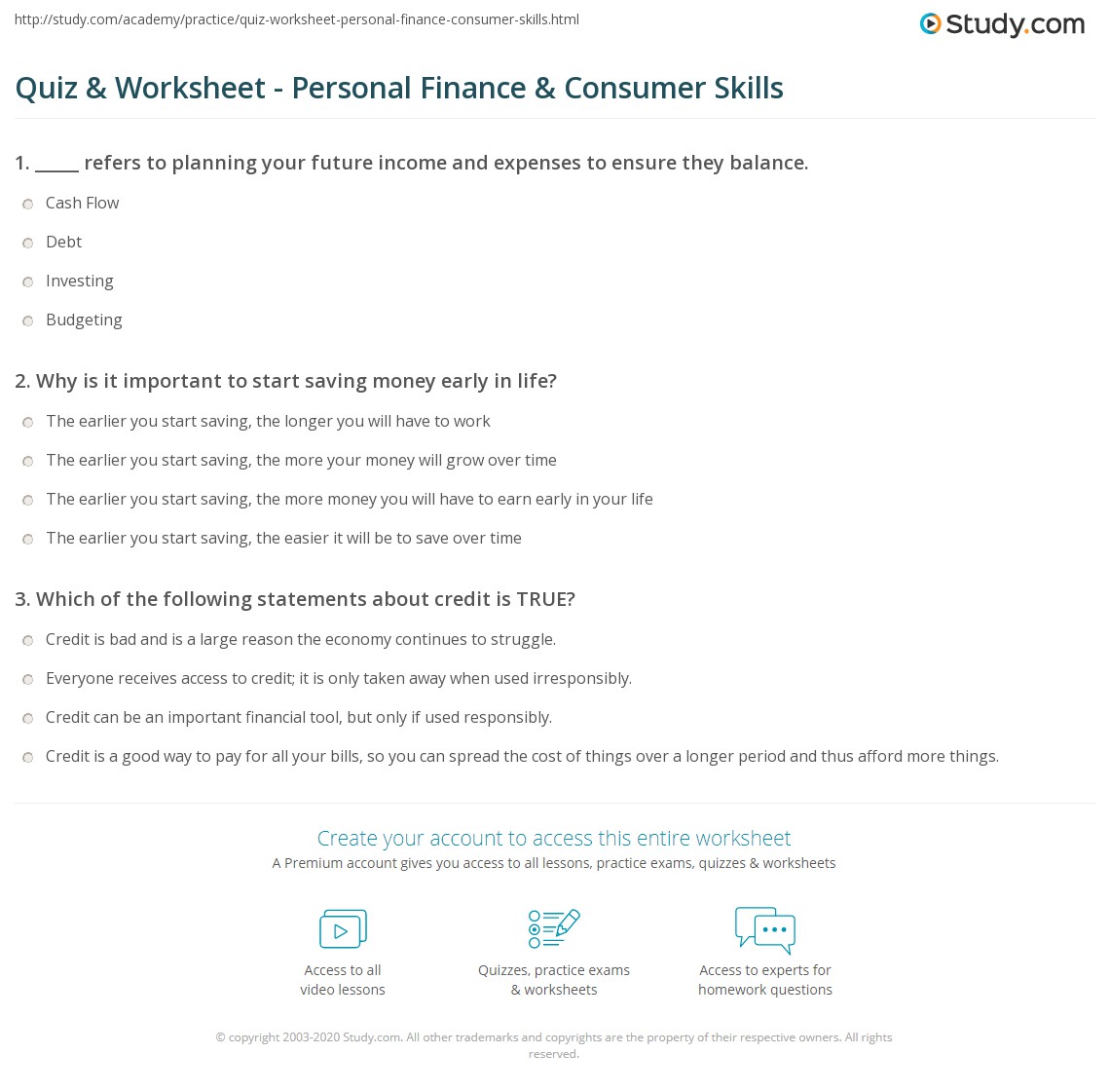 Quiz &  Worksheet - Personal Finance &  Consumer Skills | Study.com
