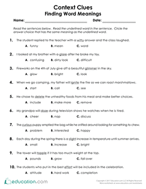 context clue worksheet 3rd grade