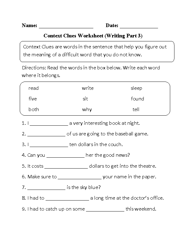 context clues worksheet 1st grade