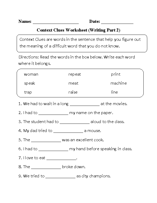 Context Clues Worksheets | Context Clues Worksheet Writing Part 2 ...