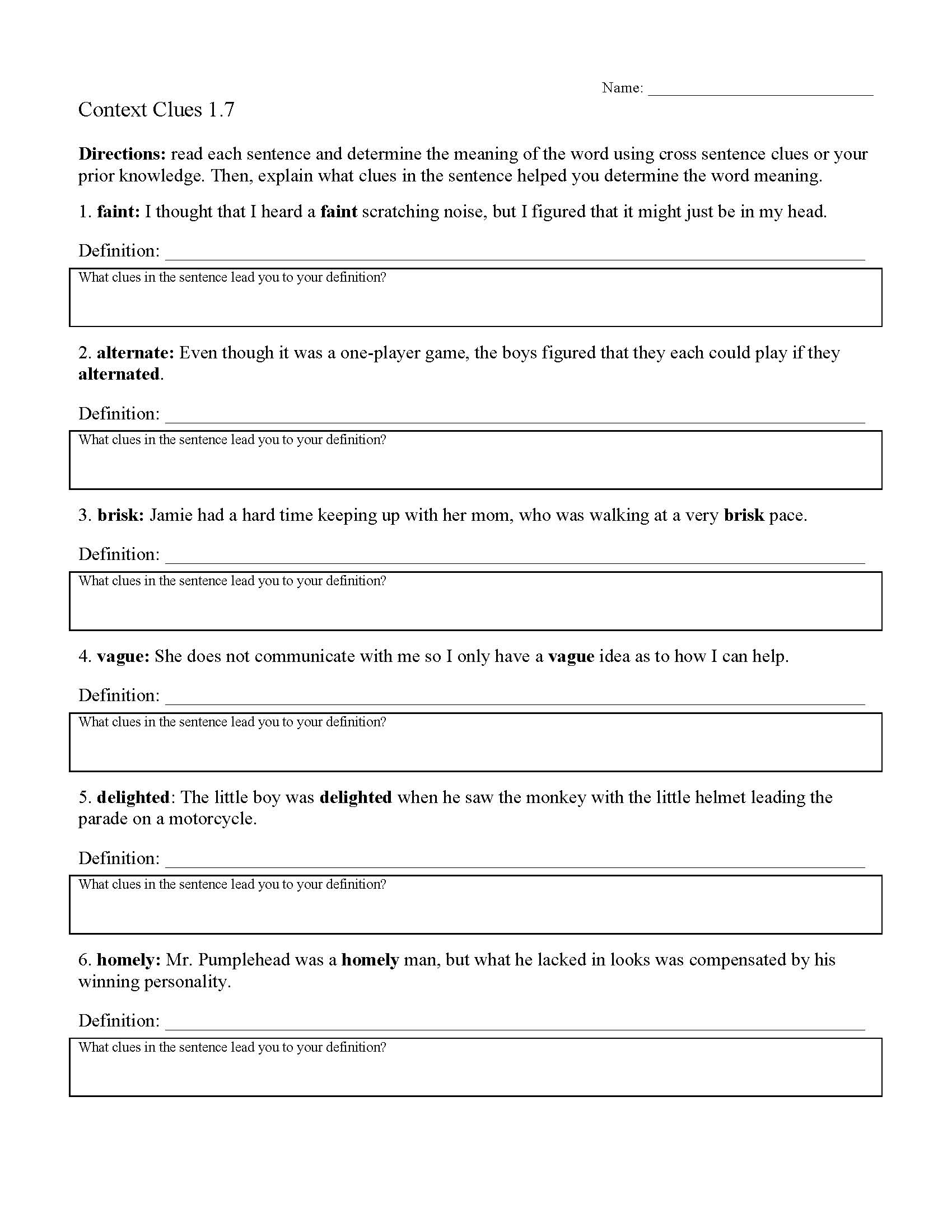 Context Clues Worksheets  