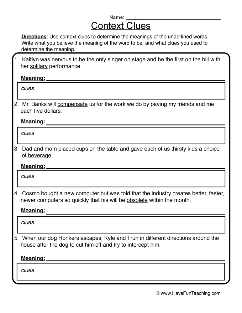 context clues worksheet 5th grade pdf