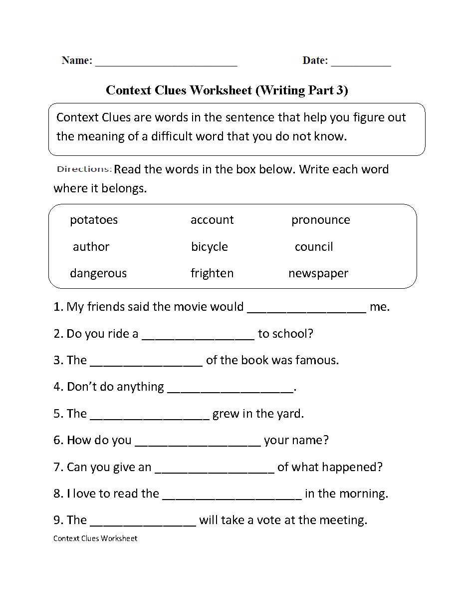 Context Clues Worksheets | Context Clues Worksheet Writing Part 3 ...