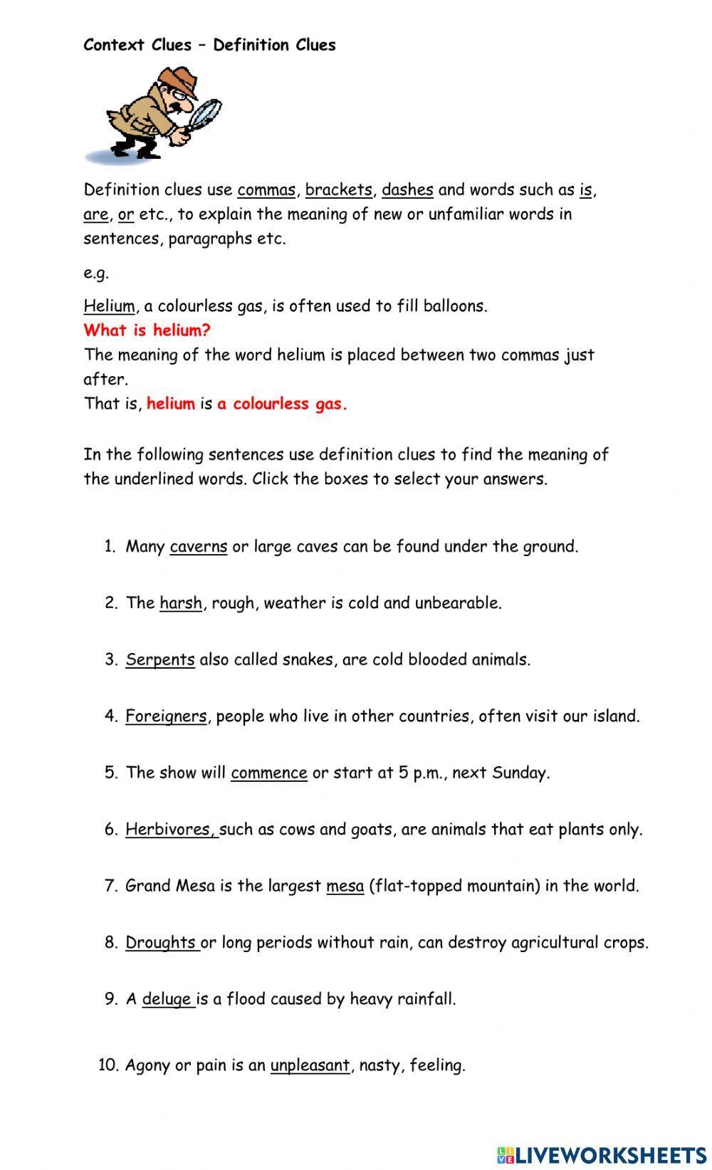 context clues worksheet for 6th grade