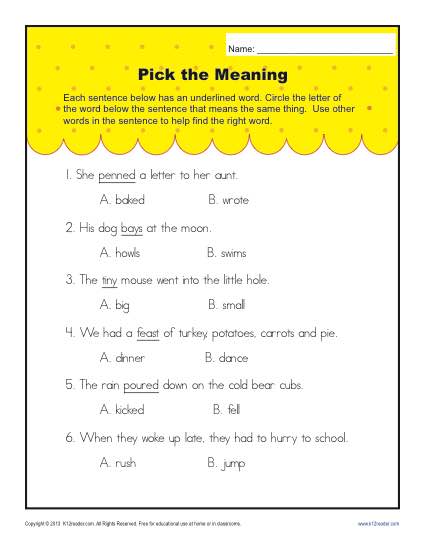 Context Clues Worksheets for 1st Grade | Pick the Meaning