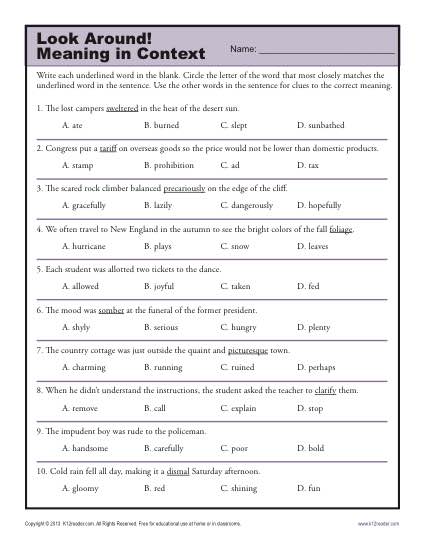 Look Around! Meaning in Context | Middle School Worksheets