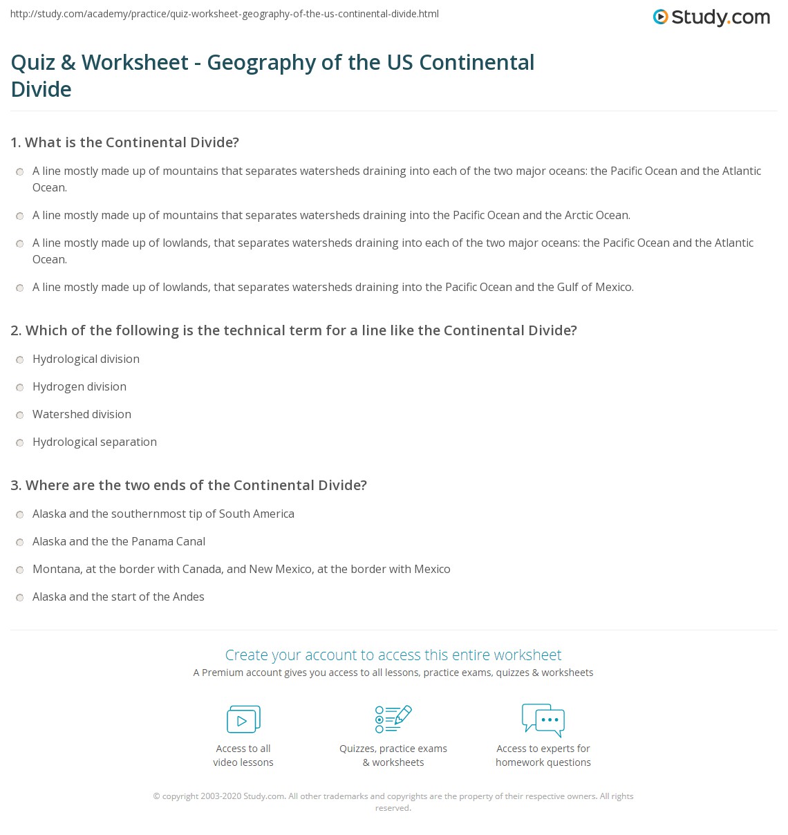 Quiz &  Worksheet - Geography of the US Continental Divide | Study.com