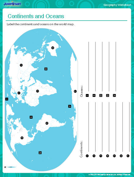 continents and oceans map worksheet
