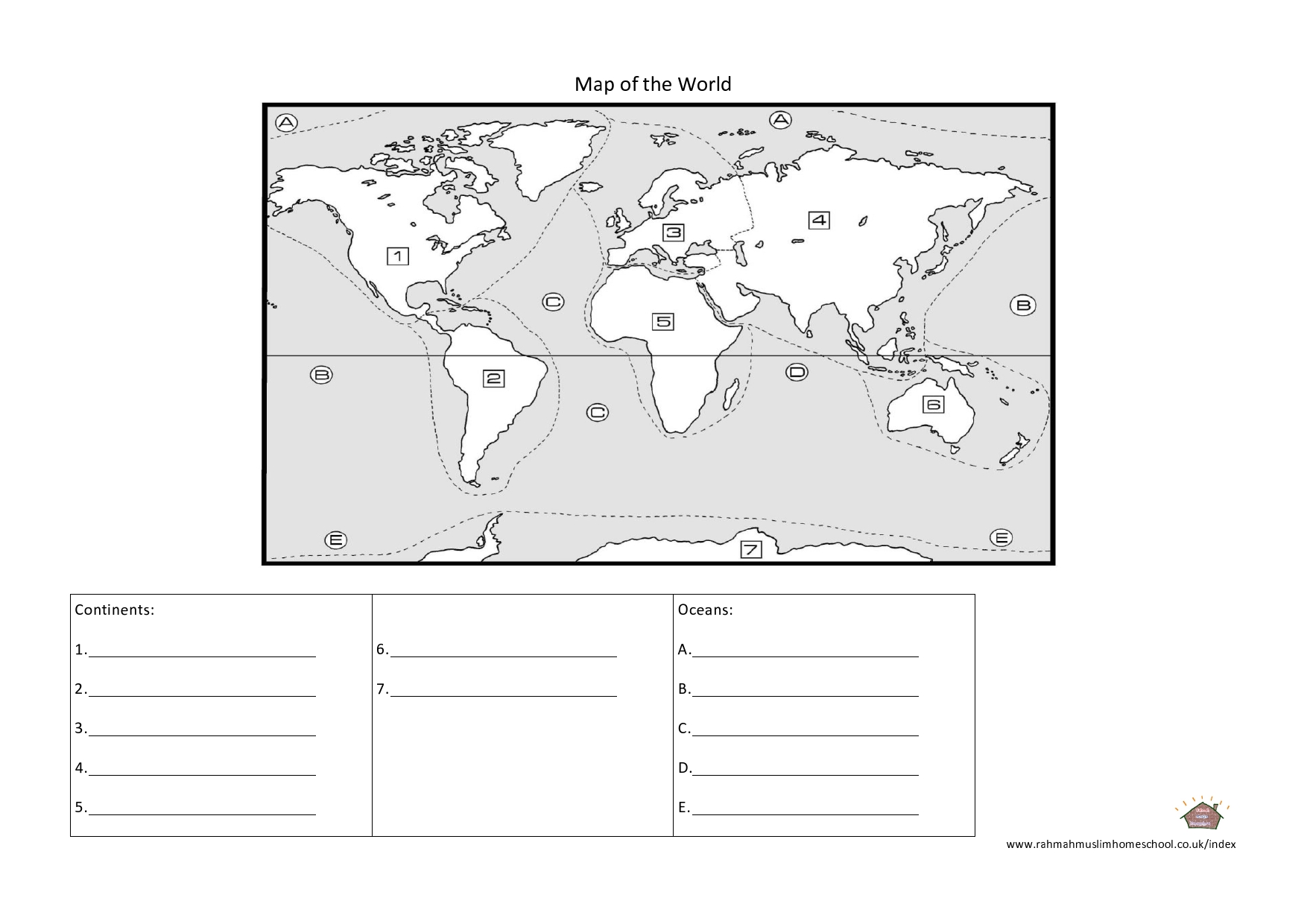 Geography: Continents and Oceans Worksheet | The Islamic Home ...