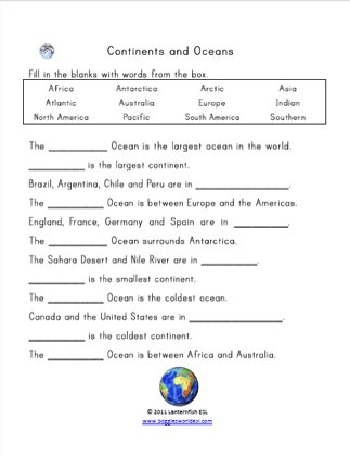 continents and oceans worksheet