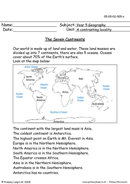 Geography: The Seven Continents | Worksheet | PrimaryLeap.co.uk