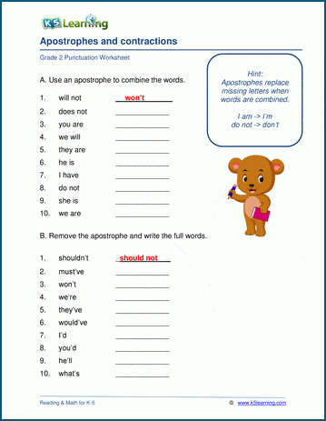Apostrophes and contractions worksheets | Worsheets library