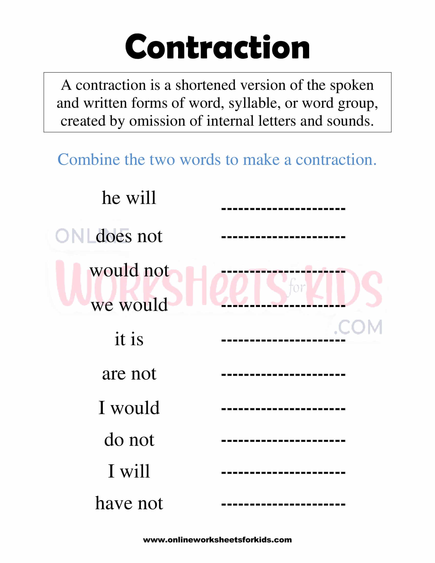 Free Contraction Worksheets 1st Grade Kids