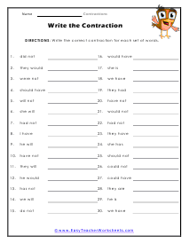 contractions grammar worksheet