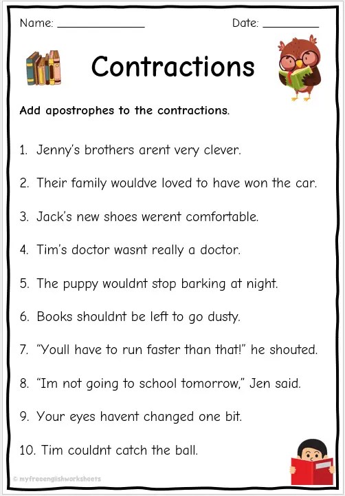 Apostrophe Worksheets - Contractions | Free English Worksheets