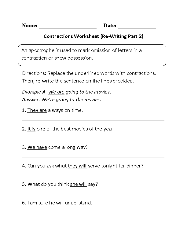 Contractions Worksheets | Re-Writing Contractions Worksheet Part 2