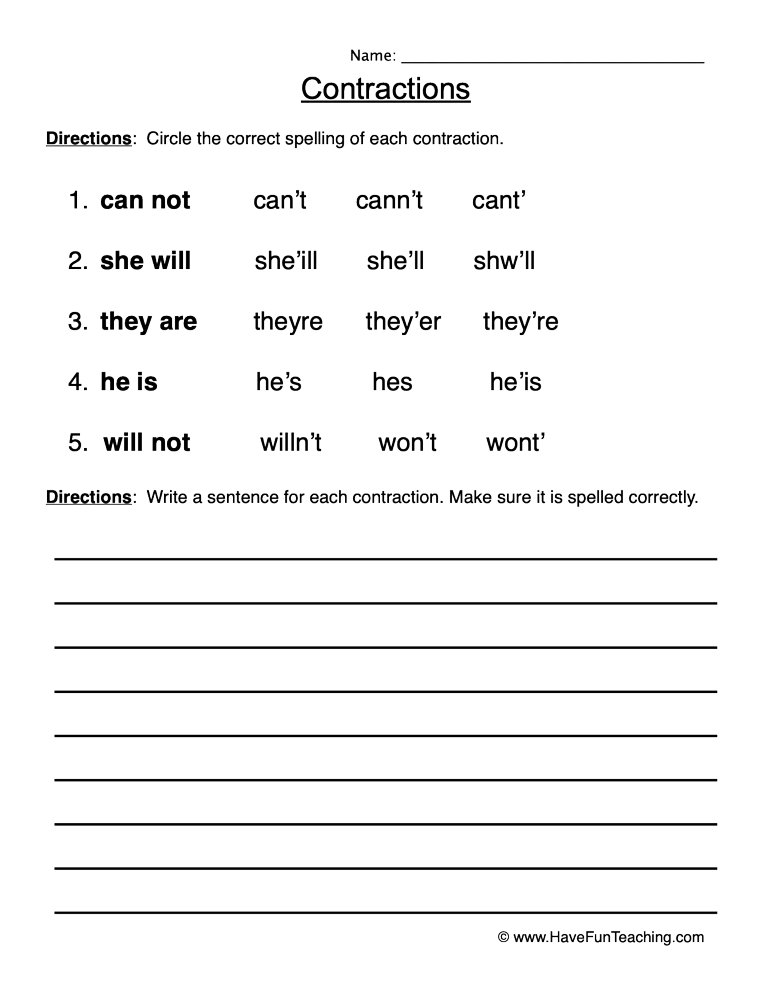 Circling Contractions Worksheet  