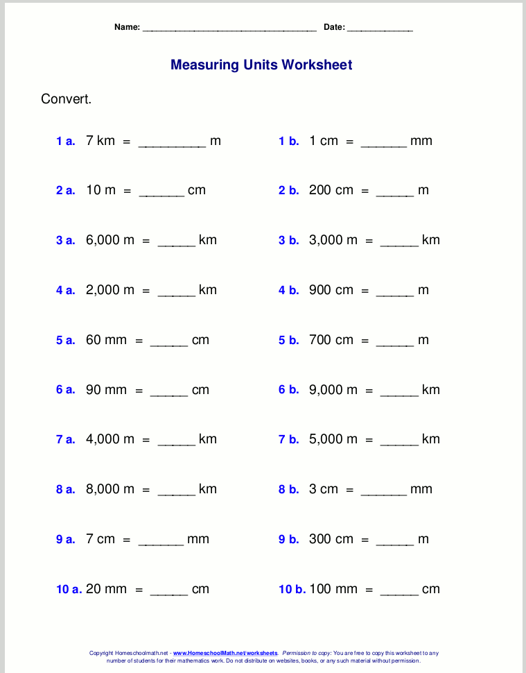 Metric measuring units worksheets