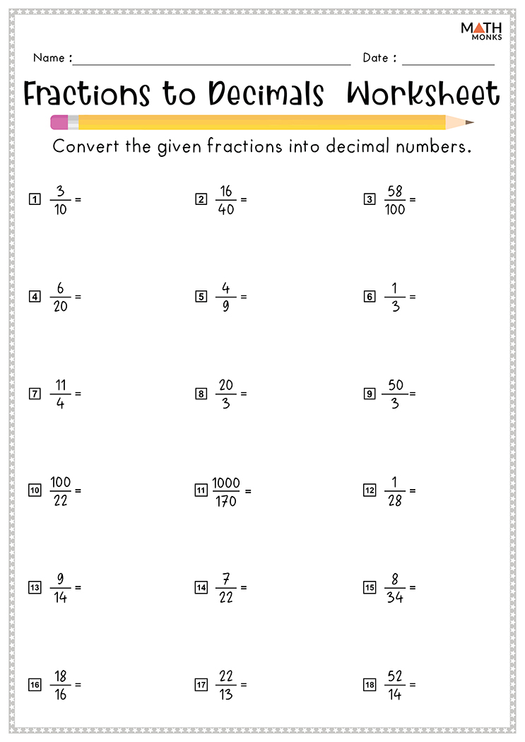Converting Fractions to from Decimals Worksheets - Math Monks